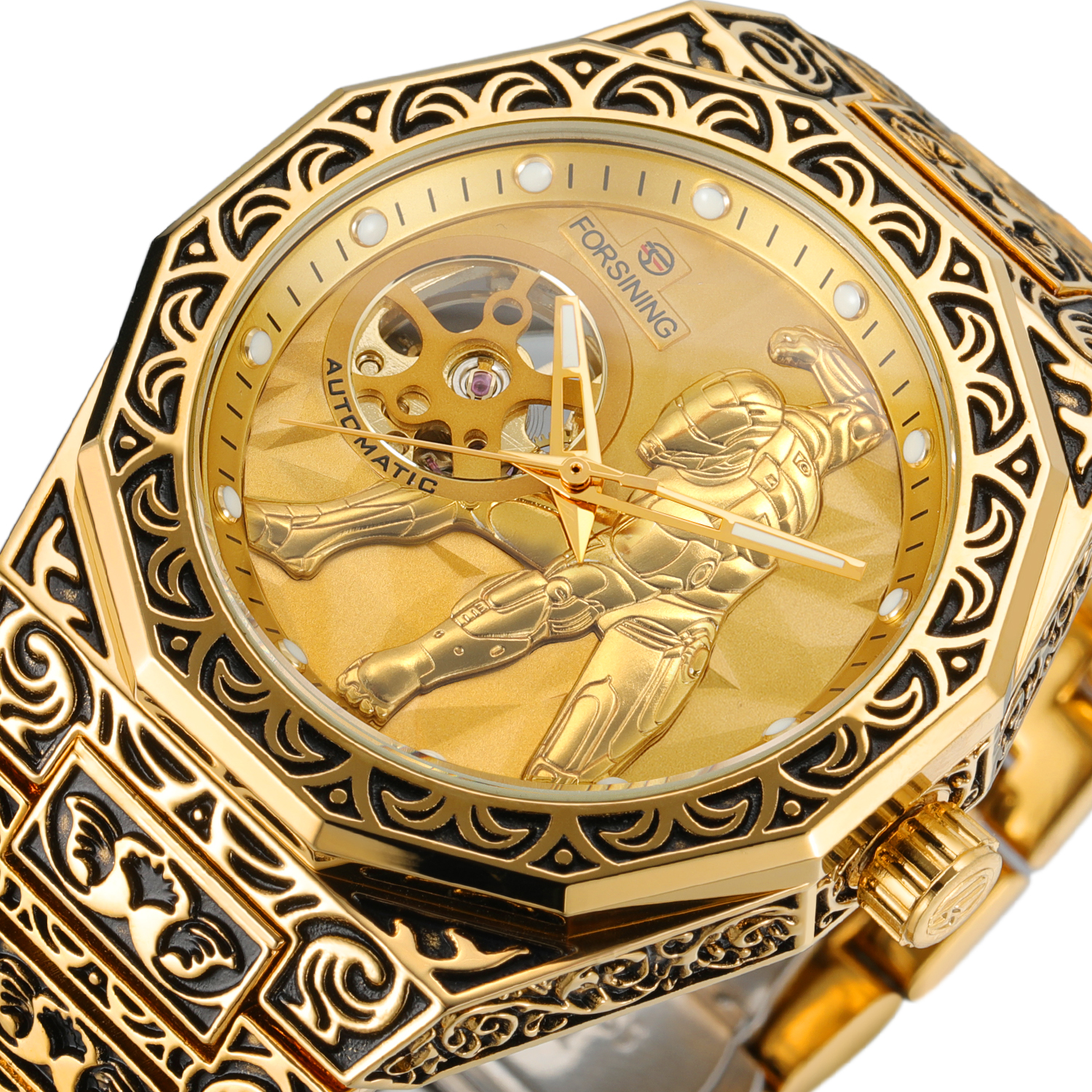 Luxury Watch Engraving - Forsining Vintage Gold Mechanical Watch for